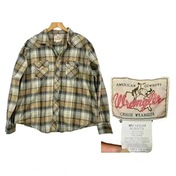 VTG Wrangler Tan Plaid Western Shirt XL Men's Snap Buttons Cowboy - Picture 1 of 8